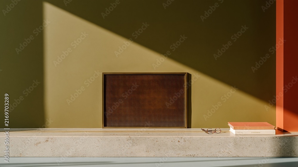 Naklejka premium Accessible hearth with a level threshold and brass details, featuring a smooth limestone surface and deep olive walls for inclusive home design and copy space
