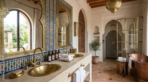 Luxury Moroccan Bathroom with Brass Fixtures and Mosaic Tiles
