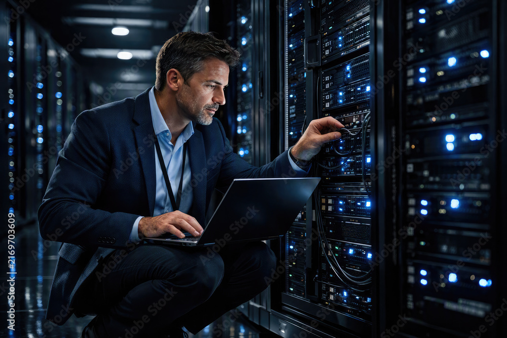 Fototapeta premium Male IT technician configuring server equipment while using a laptop in a data center. Cybersecurity, cloud computing, network maintenance, and enterprise technology infrastructure concept.