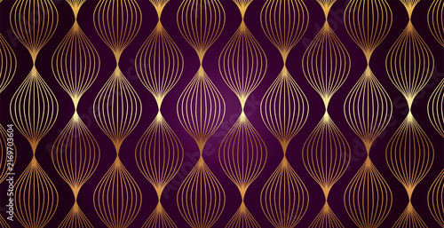 Fotografie Luxurious seamless pattern with vertical golden ornate lines on a deep purple background, ideal for upscale branding and decor