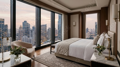 A high floor hotel room features a wide window view overlooking the urban skyline during dusk while a comfortable bed and seating area provide a peaceful sanctuary within this busy metropolitan