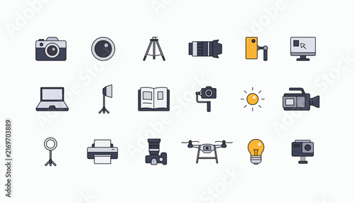 Essential photography and videography gear simple cartoon style icons set. Video production equipment symbol logo icon sign collections vector illustration