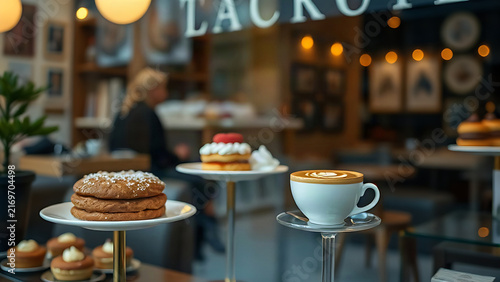 A boutique cafe window display with delicate pastries and latte art.