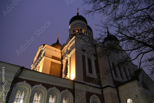 Low angle view of Alexander Nevsky Cathedral illuminated at dusk in Tallinn, Estonia
