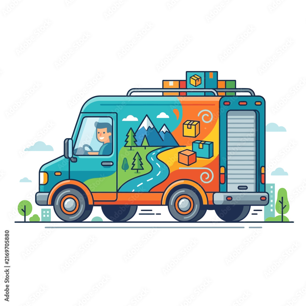 Fototapeta premium Delivery Van with Package Artwork, Driver, and Scenic Design - Isolated