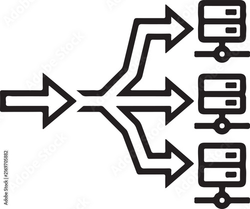 Cloud network load balancer line icon representing data traffic distribution across multiple server farm nodes