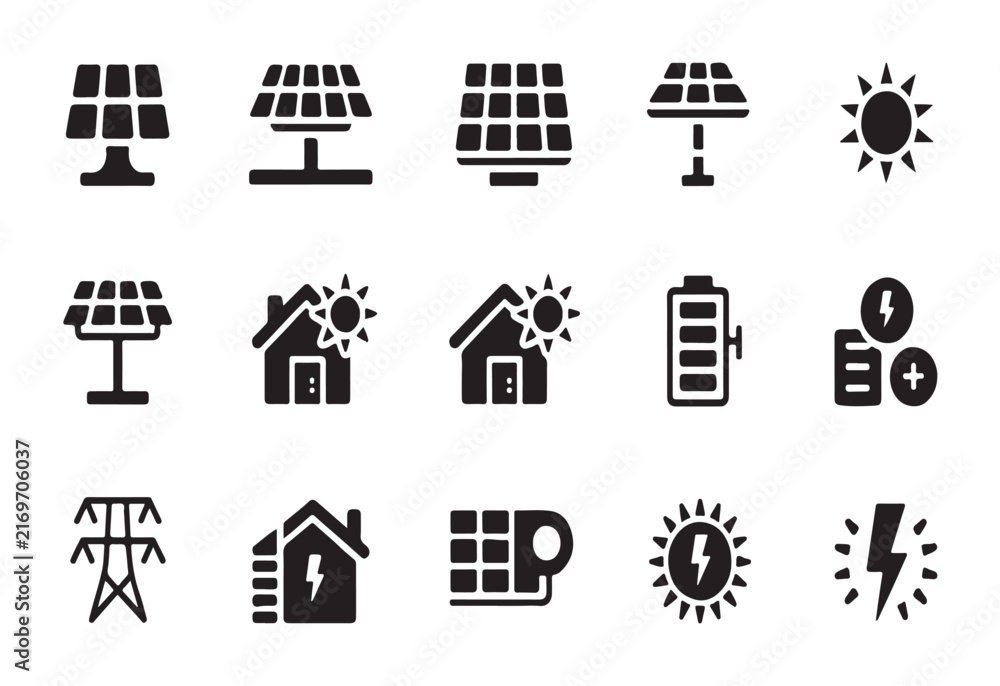 Fototapeta premium Solar energy and residential power flat icons set featuring sun panels house battery and power lines.