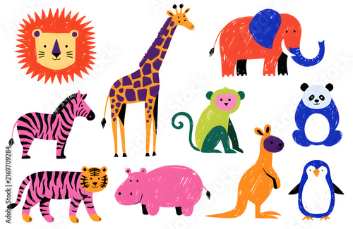 Zoo animals storybook illustration hand drawn using colored ink pens