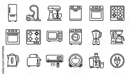 Household appliance home and kitchen electronics black line vector icon set