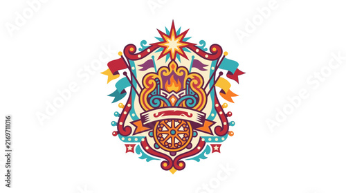 Nautical Emblem with Steering Wheel, Flags, and Starburst - Vintage Style