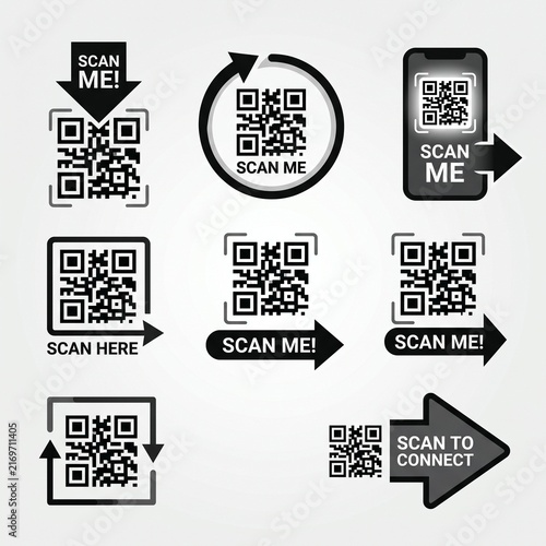Qr code scan me icons set with arrows