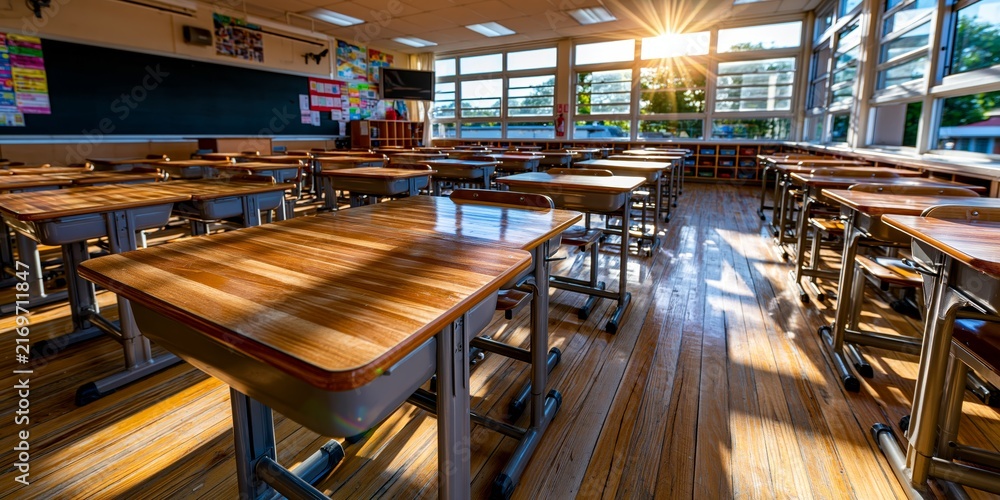 Fototapeta premium Empty classroom with wooden desks and chairs, sunlight streaming through windows, warm golden light, educational environment, calm and serene atmosphere.