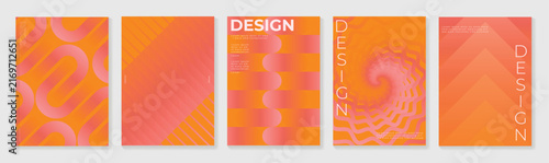 Retro mid century modern abstract posters set. Vector geometric layouts with orange gradient, curved shapes, stripes and typography for branding and print design.