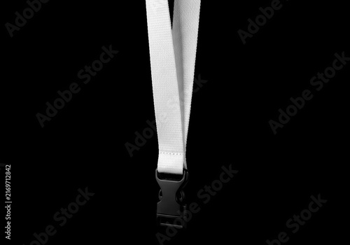 Blank white fabric lanyard with a black plastic buckle isolated on transparent background