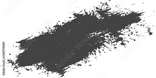 Dark gray rough paint stroke on white background with textured splatter for creative design elements