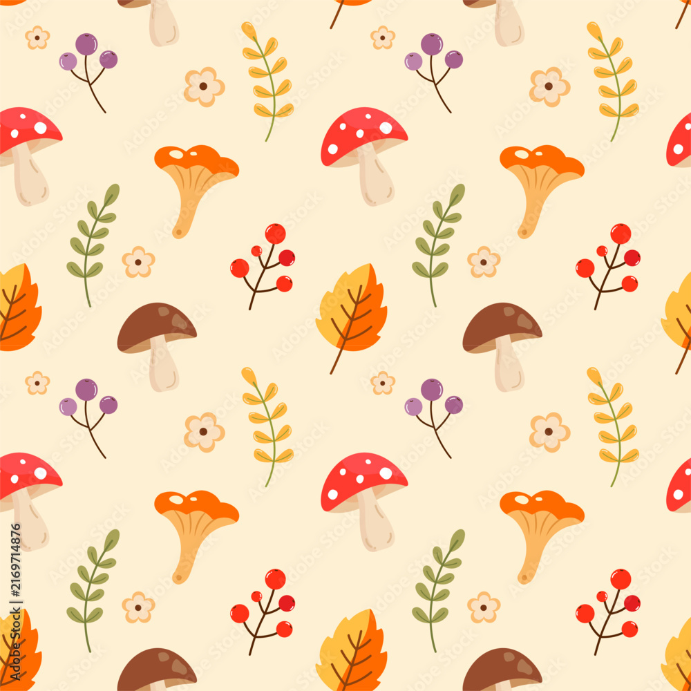 Obraz premium Autumn seamless pattern with mushrooms, berries, leaves and flowers on a cream background. Editable elements for textile, wallpaper, wrapping paper and seasonal decoration.