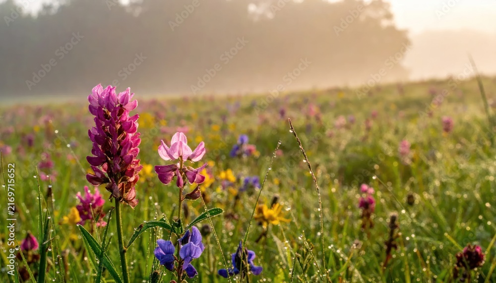 Fototapeta premium Wildflowers blooming in misty meadow at golden sunrise