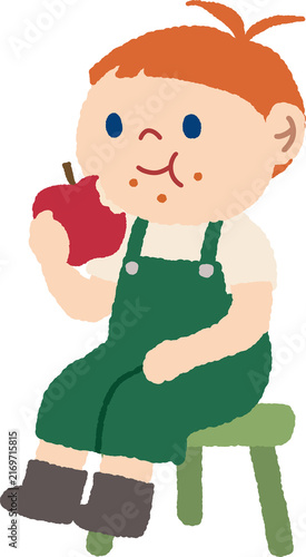 Foto Cute red haired child character illustration wearing green overalls sitting on a