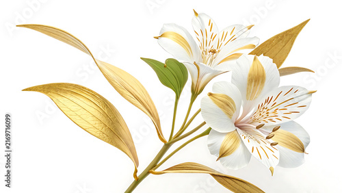 Blooming white peruvian lily branch with metallic gold leaves