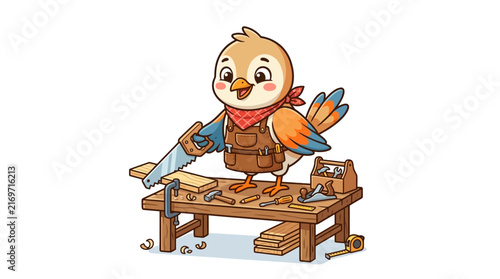 Cute cartoon bird carpenter with saw and tools on workbench, building wood.