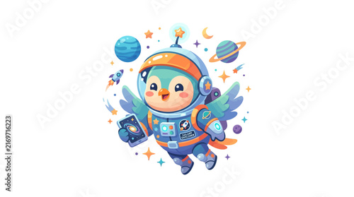 Cute cartoon bird astronaut in space with planets and rockets, whimsical character design