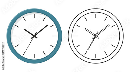Two wall clocks one colored and one line art against a white background
