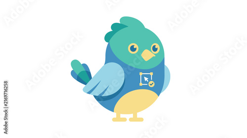 Cute cartoon bird character with editing icon
