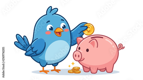 Cute cartoon bird depositing coin into pink piggy bank, saving money concept