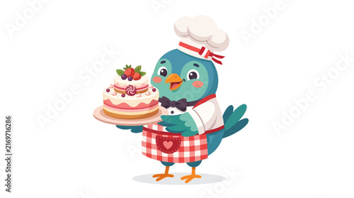 Cute cartoon bird chef holding a delicious cake with berries, isolated on white background.