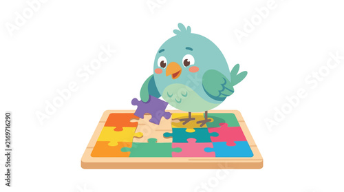 Cute Cartoon Bird Completing a Colorful Jigsaw Puzzle