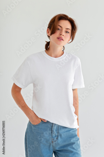 Fotografie Blank white t-shirt mockup as color variant of same shot