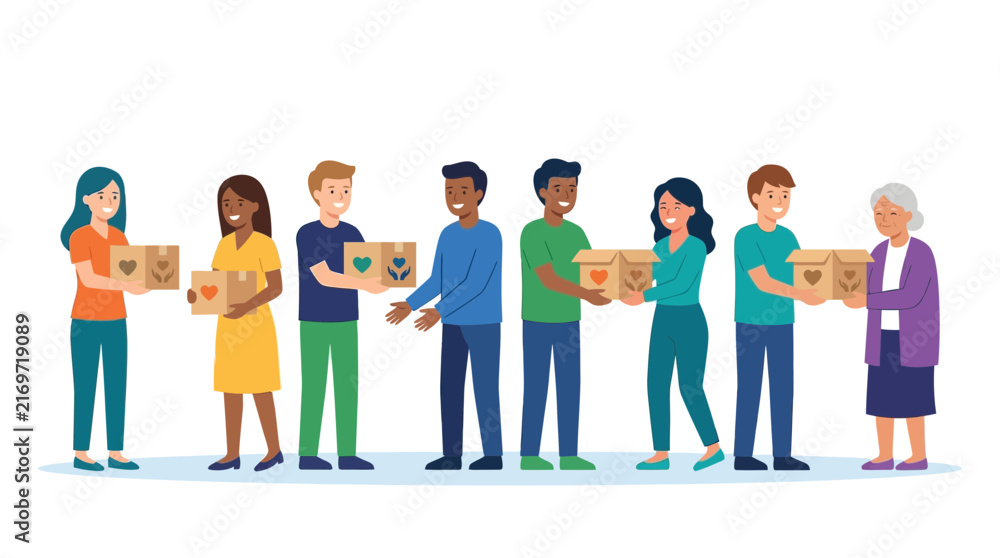 Obraz premium Diverse Group Donating Boxes of Goods, Charity and Community Support Concept