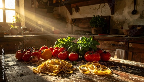 Fresh pasta and tomatoes in rustic kitchen sunlight.