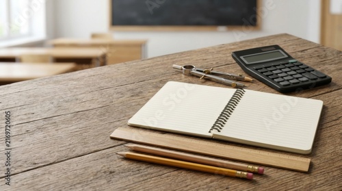 Educational Supplies on a Classroom Desk with Chalkboard Background