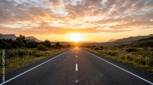 Empty Highway Stretching Towards a Golden Sunrise Horizon