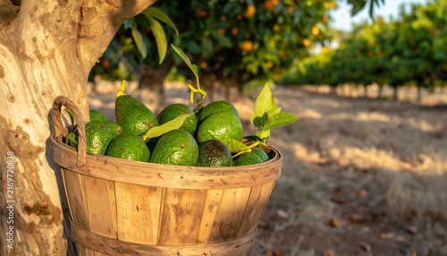 Fresh avocados in a basket hanging from a tree branch.