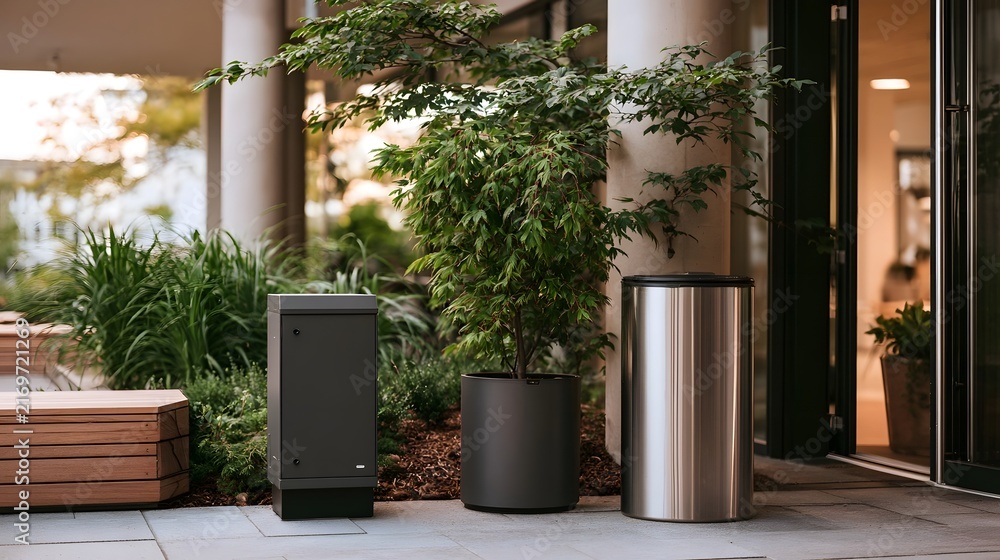 Fototapeta premium Modern outdoor space with potted plants trash can and greywater recycling unit under architectural columns