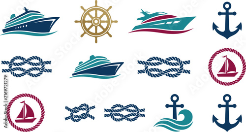 Nautical vector icons collection featuring cruise ships sailboats anchors steering wheel and rope knots