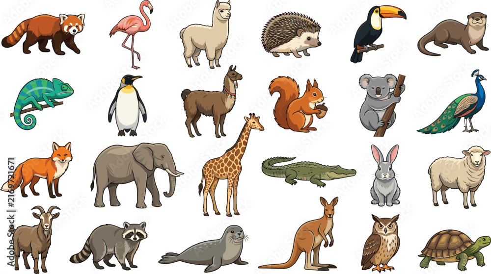 Naklejka premium Wild and Exotic Animals Illustration Collection Featuring Red Panda Flamingo Alpaca Giraffe Elephant Koala Toucan Kangaroo Owl and Zoo Wildlife Symbols Vector