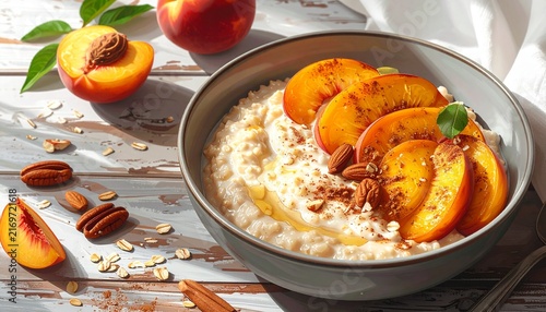 Fresh Peach Oatmeal Bowl with Nuts and Creamy Texture.