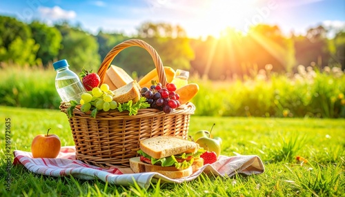 Sunny Picnic Basket with Fresh Food in Green Meadow.