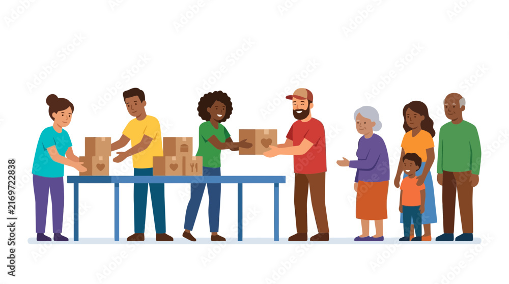 Obraz premium Diverse people donating and receiving boxes of food in a community outreach event