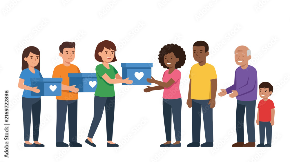 Obraz premium Diverse Group of People Sharing Charity Boxes with Hearts, Community Support Concept