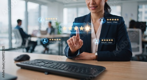 Businesswoman interacting with holographic customer review