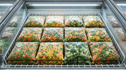 Rows of Frozen Vegetable Bags in a Supermarket Freezer Display