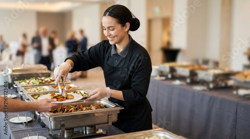 Smiling Catering Worker Serves Food at Buffet Event
