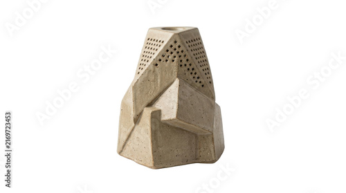 Brutalist ceramic vase with geometric architectural forms, textured stoneware sculpture, modern abstract pottery for interior decor