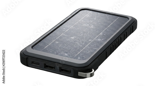 Portable solar power bank with USB ports, rugged external battery pack for camping, black solar charger for mobile devices