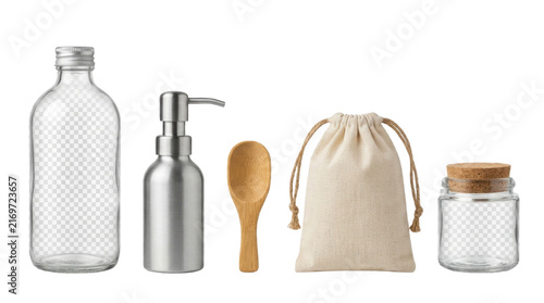 Sustainable zero waste packaging set, reusable glass bottles and jars, eco friendly bathroom and kitchen storage containers