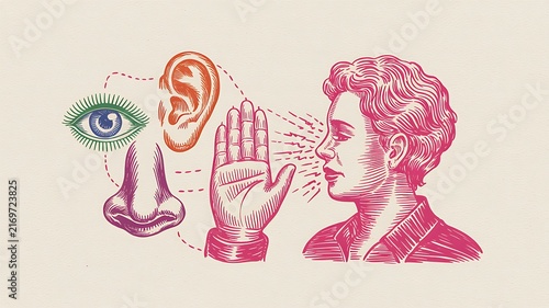 Conceptual illustration of mindfulness and sensory awareness featuring a woman with a hand gesture, eye, ear, and nose representing the five senses